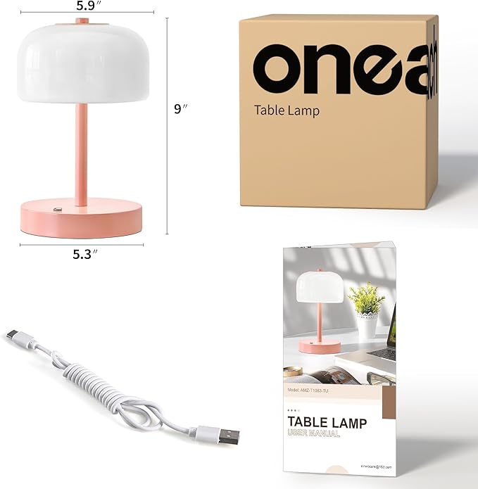 Oneach Portable Cordless Table Lamp, Rechargeable Battery Powered Lamp with Opal Glass Shade, 3-Way Dimmable LED Touch Mushroom Table Lamp for Bedroom, Bedside, Living Room, Dining Room, Patio, Pink - Bloomnest