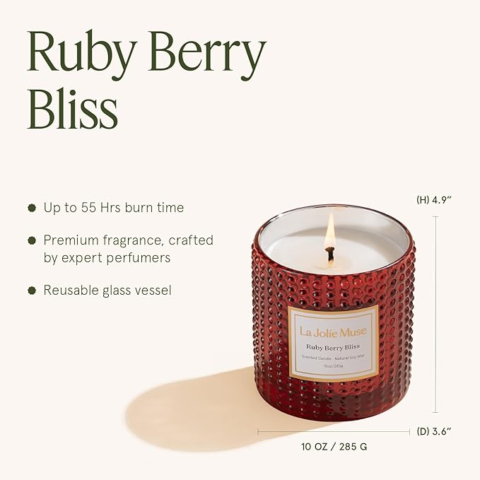 LA JOLIE MUSE Christmas Candle | Ruby Berry Bliss | Mandarin Cranberry & Plum | 10 oz Festive Candle | 55 Hours Clean Burn | Gift for Women & Family - Bloomnest