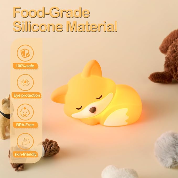ATSUI Fox Night Light, LED Squishy Novelty Animal Lamp, Food Grade Silicone, 2 Level Dimmable, Nursery Nightlight for Desk Decor, Funny Gifts Stuff for Boys Girls Baby, White Elephant Gifts - Bloomnest