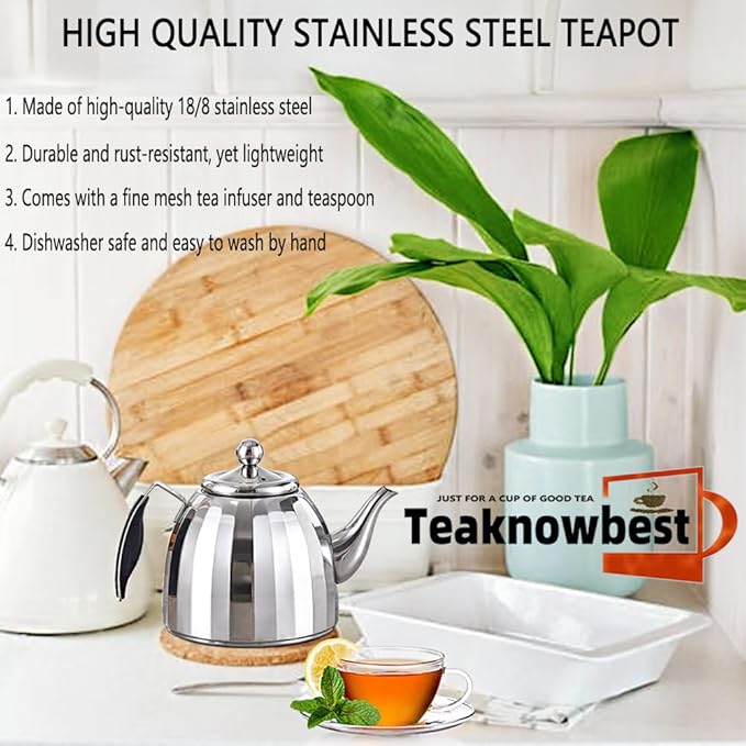 Stainless Steel Tea Pot with Removable Infuser - Loose Leaf Tea Maker, Home & Kitchen Teapot - Medium 50.7oz, Stovetop Safe Teapot for Tea/Coffee, Mirror Finish (1500ml)