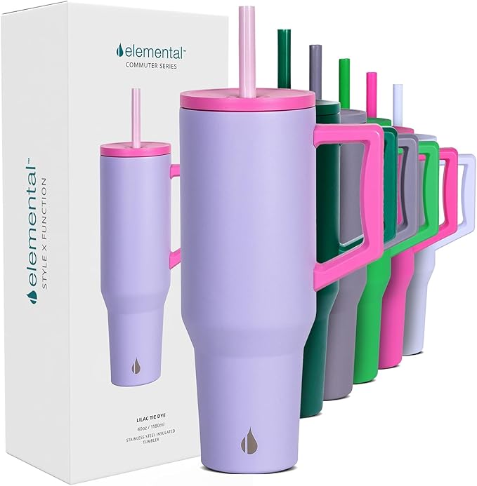 Elemental 40 oz Tumbler with Handle and Straw - Spill Proof Insulated Stainless Steel Commuter for Hot and Cold Beverages - Travel Coffee Mug with 2 Straws & Spill Proof Lid - 40oz - Lilac Tie Dye - Bloomnest