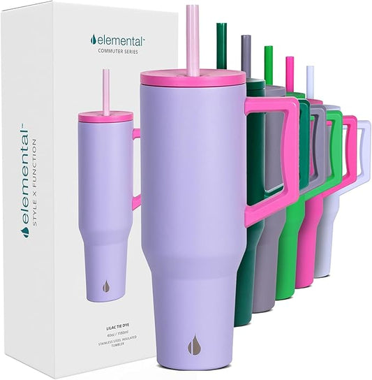 Elemental 40 oz Tumbler with Handle and Straw - Spill Proof Insulated Stainless Steel Commuter for Hot and Cold Beverages - Travel Coffee Mug with 2 Straws & Spill Proof Lid - 40oz - Lilac Tie Dye - Bloomnest