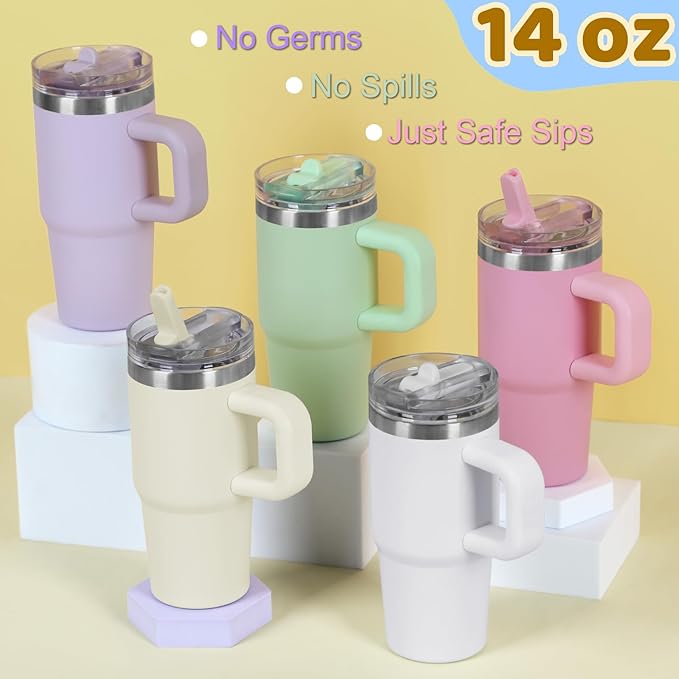 14 oz Tumbler for kids with Detachable Flip Straw Lid and handle, 100% Leak Proof 14 oz mini cup, Stainless Steel Vacuum Insulated Tumbler, Wide Mouth Easy to Clean, Keep Cold or Hot (Cream) - Bloomnest