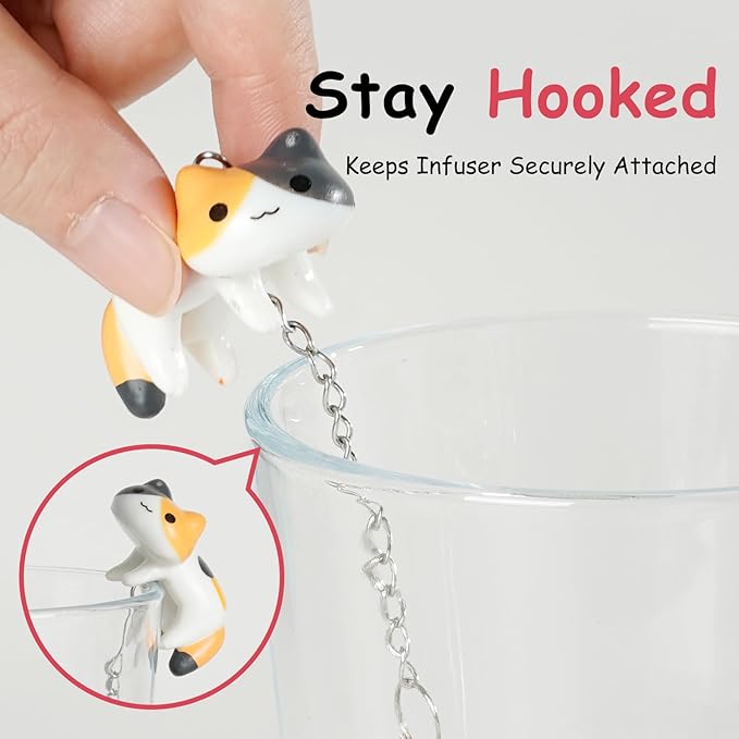 Calico Cat Tea Infuser Set - Adorable Tricolor Kitty Hook, Fine Mesh Loose Leaf Tea Steeper, Stainless Steel, No Mess, 1 Pack (Cat Lazily Sprawled on the Cup)