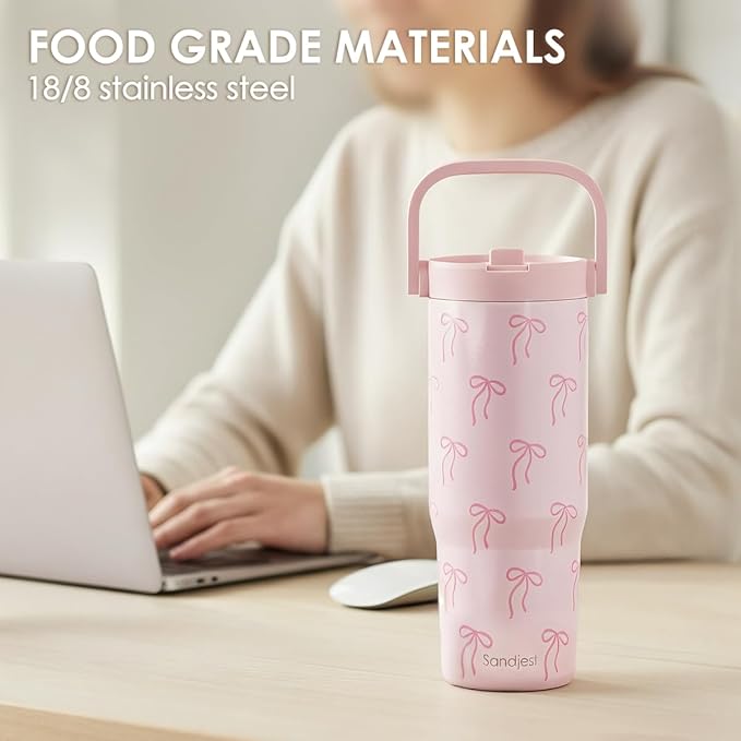 SANDJEST Pink Bow Stainless Steel Straw Lid Tumbler 30oz with Carry Handle for Women Girls, Insulated Travel Coffee Cup, Gift for Sports Outdoor Workout Christmas Birthday - Bloomnest