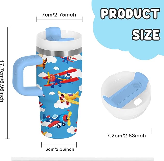 Airplane Gifts for Boys - 14oz Blue Kids Helicopter Airplane Tumbler with Handle and Straw, Stainless Steel Insulated Water Cup, for Sport, School - Airplane Themed Children Birthday Gifts Cup(1pc) - Bloomnest