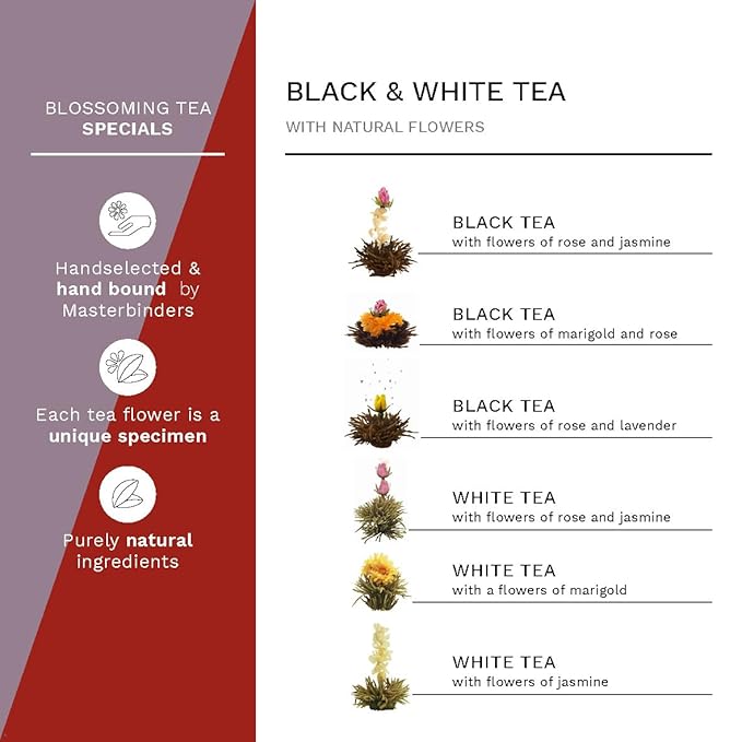 Creano Blooming Tea Mix 6pcs Set Flowering tea White Tea & Black Tea in Elegant Magnetic Box with Silver Embossing