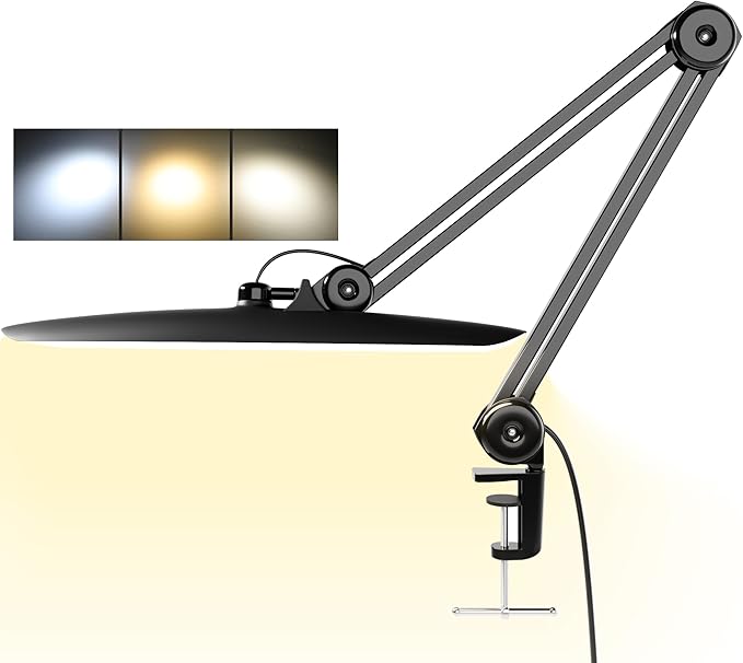 3000 Lumens Adjustable LED Desk Lamp & Task Lamp - Bright, Dimmable Lighting for Office, Crafts, Nails &Salon Hobbies with Clamp (CCT, Black) - Bloomnest