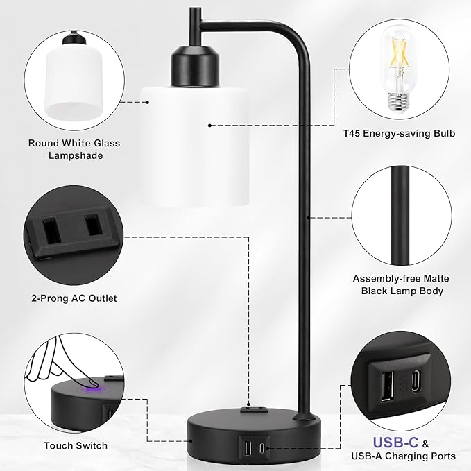 Industrial Touch Bedside Lamps for Bedrooms Set of 2 - 3-Way Dimmable Nightstand Lamps with USB C+A Ports and Outlet, Table Lamps with Opal Glass Shade for Living Room, Desk Lamps for Home Office - Bloomnest