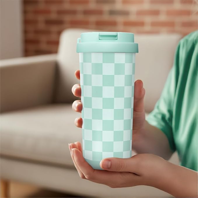 Checkered Tumbler - Stainless Steel 2-in-1 Lid Coffee Tumbler 18 oz, Checker Insulated Travel Mug Gift for Women Girls Teens, Birthday Christmas (Mint) - Bloomnest
