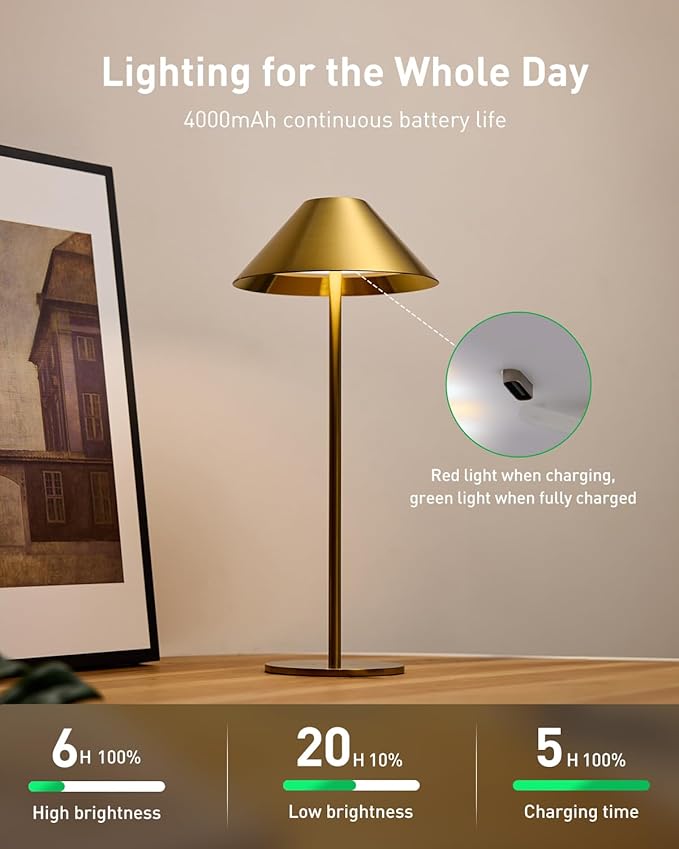 Bojim Gold Cordless Lamp Set of 2, Rechargeable Touch Table Lamps with 3 Color Dimming, Portable Wireless Lamps for Reading/Home Decor - Bloomnest