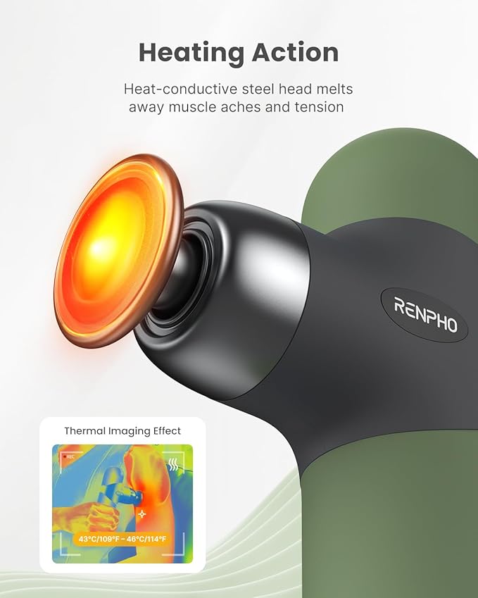 RENPHO Mini Thermal Massage Gun with Heat, Christmas Birthday Gifts for Women Men, Portable Deep Tissue Percussion Massager, Color Silicone Sleeves Travel Size with Carry Case, Olive Drab - Bloomnest