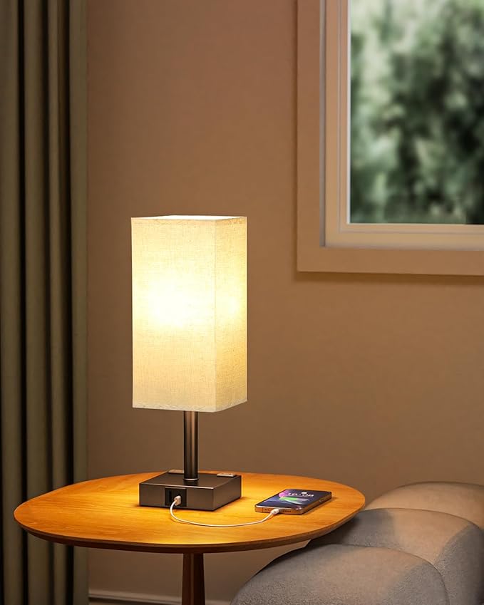 Brown Touch Table Lamp - Bedside Lamp with USB A + Type C Charging Ports and Two AC Outlets, Small Night Stand with E26 LED Bulb, Desk Light for Bedroom Living Room Office Dorm - Bloomnest