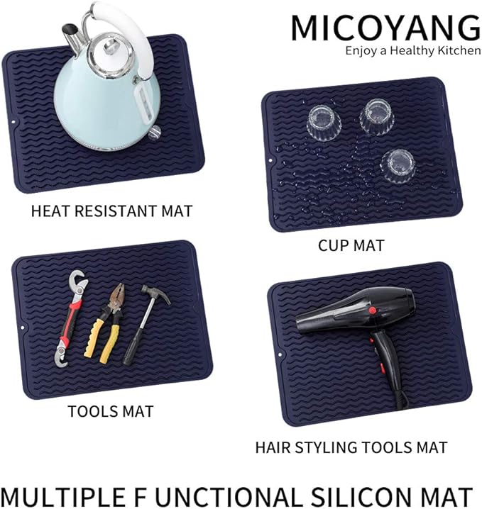 Silicone Dish Drying Mat for Multiple Usage,Easy clean,Eco-friendly,Heat-resistant Silicone Mat for Kitchen Counter or Sink,Refrigerator or drawer liner Navy Blue L 16 inches x 12 inches - Bloomnest
