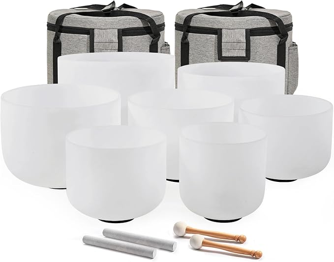CVNC 432HZ 6-12 Inch Frosted Quartz Crystal Singing Bowls Chakra Set of 7 for Sound Healing and Meditation - Bloomnest
