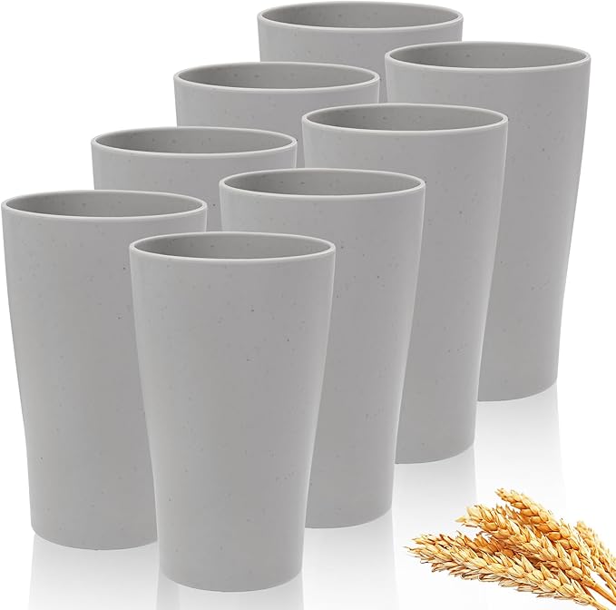 EI Wheat Straw Cups 8pcs Grey Plastic Reusable Cups for Kitchen Unbreakable Plastic Drinking Glasses for Water, Coffee, Juice, Tea - Bloomnest