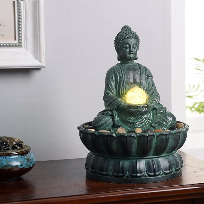 Indoor Tabletop Fountain Buddha Exquisite Sitting Meditation Statue, Desk-Top Water Fountain Decorative Zen Fountain w/Glass Rolling Ball/LED/Stone for Office/Home/feng Shui Decor 9.4" - Bloomnest