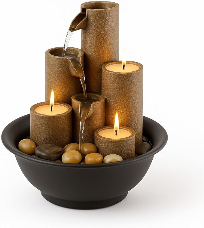 Alpine Corporation WCT202 Indoor Tabletop Tiered Water Fountain Featuring 3 Candles for Desktop and Table, 11", Brown - Bloomnest