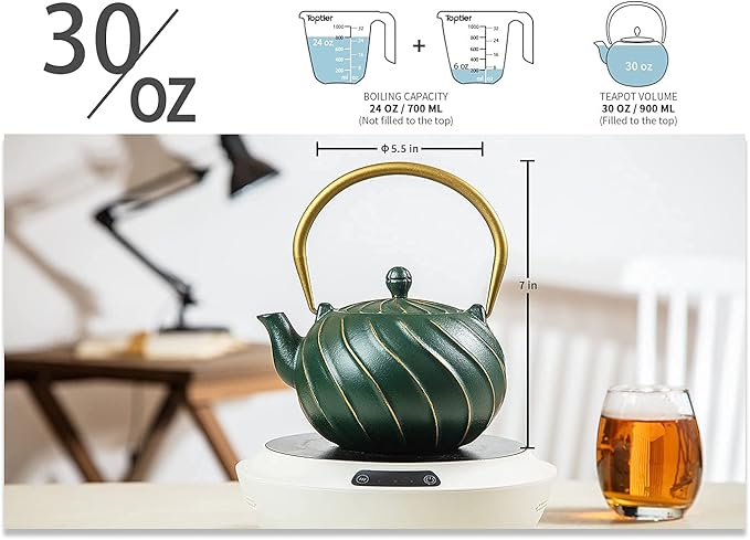 TOPTIER Japanese Cast Iron Teapot with Infuser, Stovetop Safe Teakettle, Wave Design, Enameled Interior, 30 oz (900 ml), Green - Bloomnest