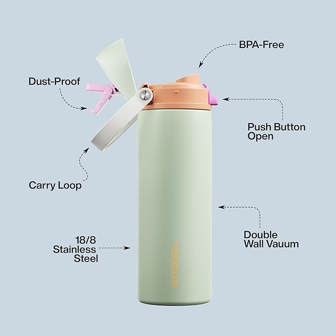 Insulated Water Bottle with Straw - Encool Stainless Steel Water Bottle with Push Button Lid, Leak-Proof & BPA-Free, Keeps Cold for 24 Hours for Sports, Travel, Gym (24 oz, Geyser Green) ENCOOL