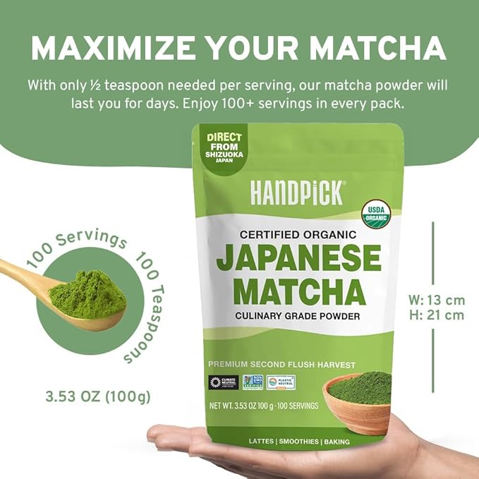 HANDPICK Japanese Organic Matcha Green Tea Powder (100 Servings) - Authentic Premium Second Flush Harvest | Resealable Ziplock Pouch - Bloomnest