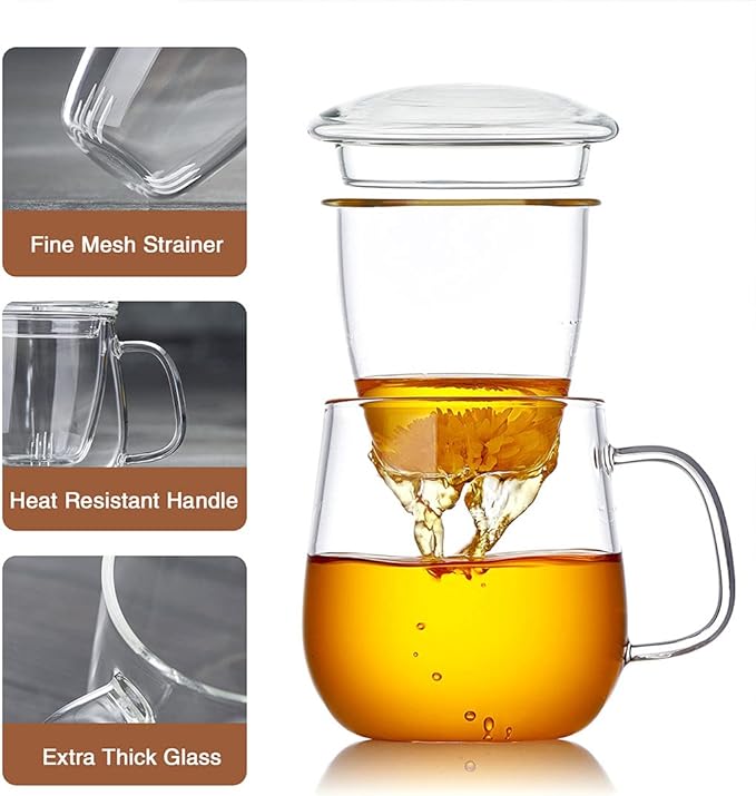 Glass Tea Cup with Infuser and Lid, 17.6oz/520ml Large Borosilicate Teacup,Tea Glass, Clear Mug for Loose Leaf Tea, Blooming Tea, Microwave & Dishwasher Safe - Tea Maker Gift for Birthday - Bloomnest