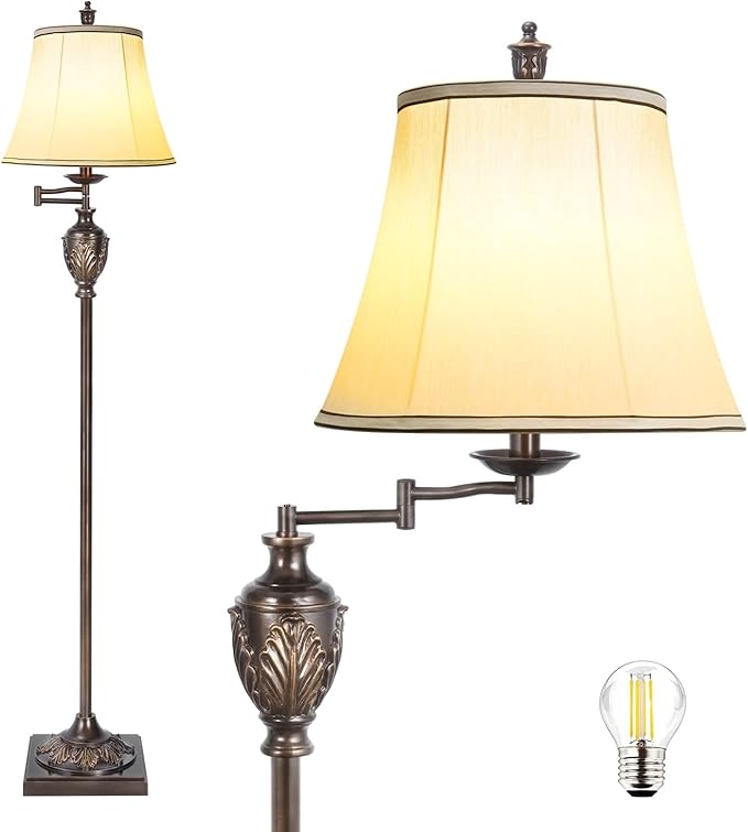 Traditional LED Floor Lamp with 350° Adjustable Swing Arm Lamp – Vintage Standing Pole lamp for Living Room, Bedroom and Office – Rustic Upright Floor Light for Home Décor with Faux Silk Fabric Shade - Bloomnest