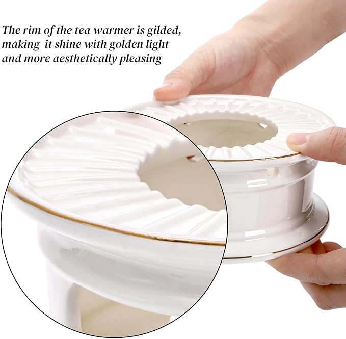 Ceramic Teapot Warmer, Gold Rim Teapot Heater with Candle Holder, White Porcelain Tea Kettle Holder Warming Base for Heating Coffee, Milk, Water, Soup