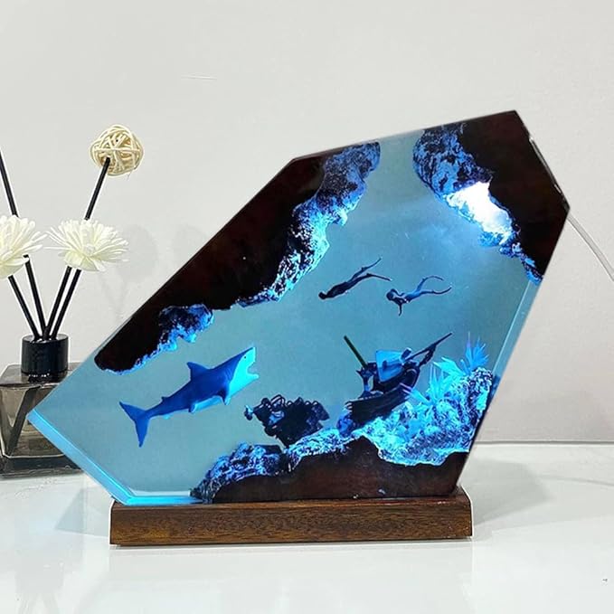 Shark Ocean Resin Lamp, Handmade Wooden Table Resin Night Light, USB Port Art Ornaments for Home Office Decor, Scuba Diver Gifts for Birthday Holiday, Valentine's Day Gifts for Husband - Bloomnest