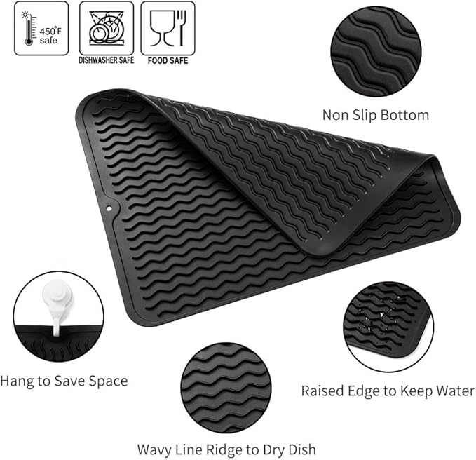 Silicone Dish Drying Mat for Multiple Usage,Easy clean,Eco-friendly,Heat-resistant Silicone Mat for Kitchen Counter or Sink,Refrigerator or drawer liner Black L 16 inches x 12 inches - Bloomnest