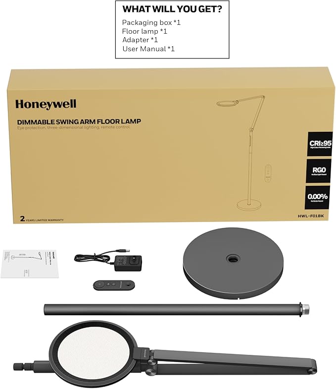 Honeywell LED Floor Lamp - F01BK Sunturalux™ Eye Caring Dimmable Standing Light with Remote,Bright Natural Daylight 5 Colors & 5 Brightness Adjustable Tall Lampara for Home Office Living Room Bedroom - Bloomnest