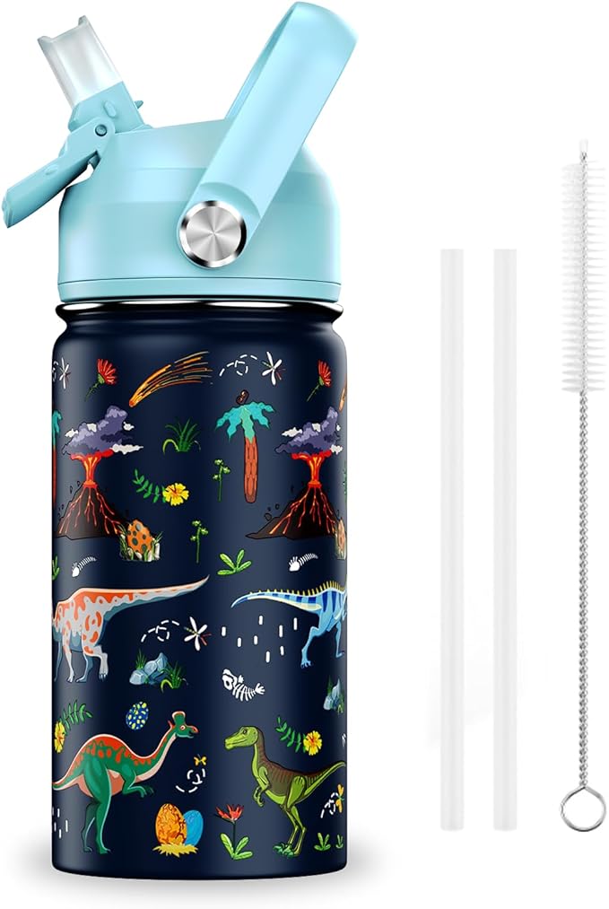 14oz Kids Insulated Water Bottle with Straw Lid - 18/8 Stainless Steel Kid Cup Travel Tumbler Double Wall Vacuum Leak Proof Portable Toddler Water Bottle (Dinosaur) - Bloomnest