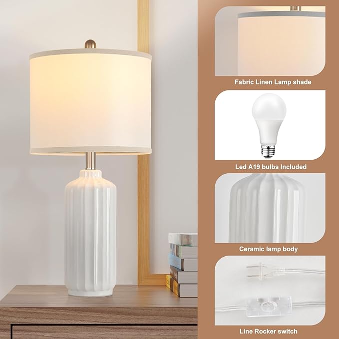 Lamp for Living Room Bedroom Lamps Farmhouse Table Lamps Set of 2 Vertical Stripe Ceramic Table Lamp,Linen Shade with Bulb, 25 in High, White - Bloomnest