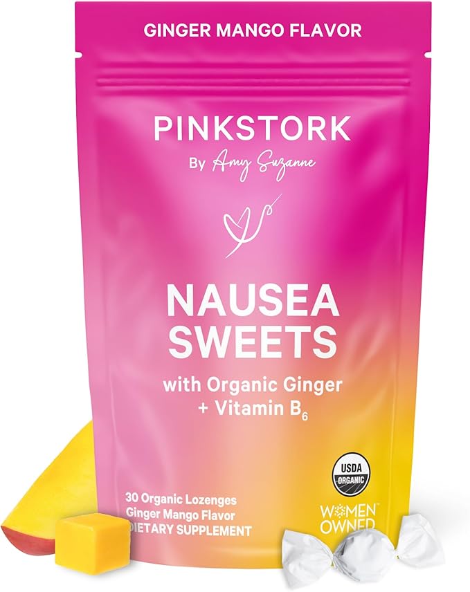Pink Stork Organic Mango Sweets with Vitamin B6 for Morning Sickness and Motion Sickness, Added Ginger & Vitamin B6, 1st Trimester Pregnancy Must Haves - 30 Wrapped Candies - Bloomnest