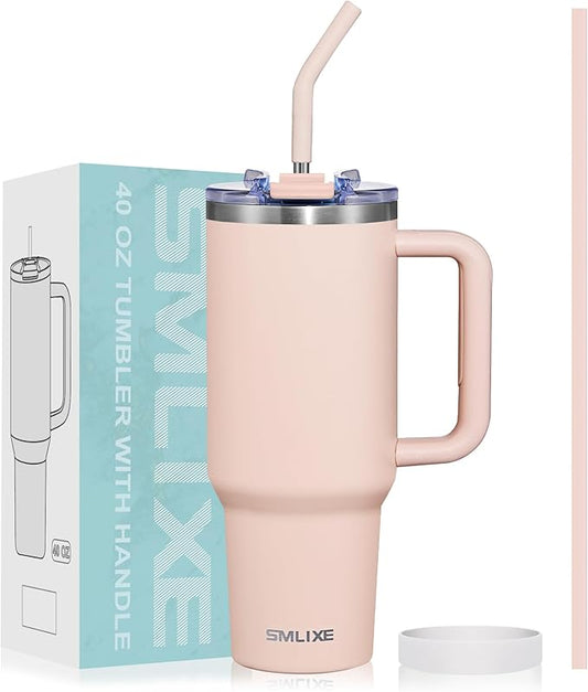 40 oz Tumbler with Handle and Straw Lid,Insulated Reusable Stainless Steel Water Bottle Travel Mug，Cupholder Friendly Double Wall Vacuum Sealed Cup (Rose Quartz) - Bloomnest