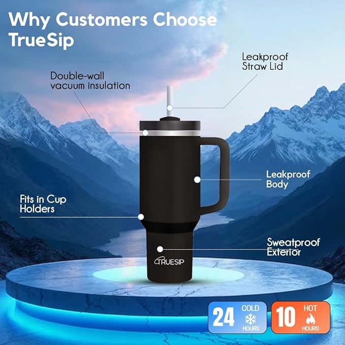 Ultimate 40oz All in One Tumbler - Leak-Proof Stainless-Steel Tumbler - Includes Silicone Boot, 3 Straws, 2 Straw Caps, & Cleaning Brush (Black) - Bloomnest