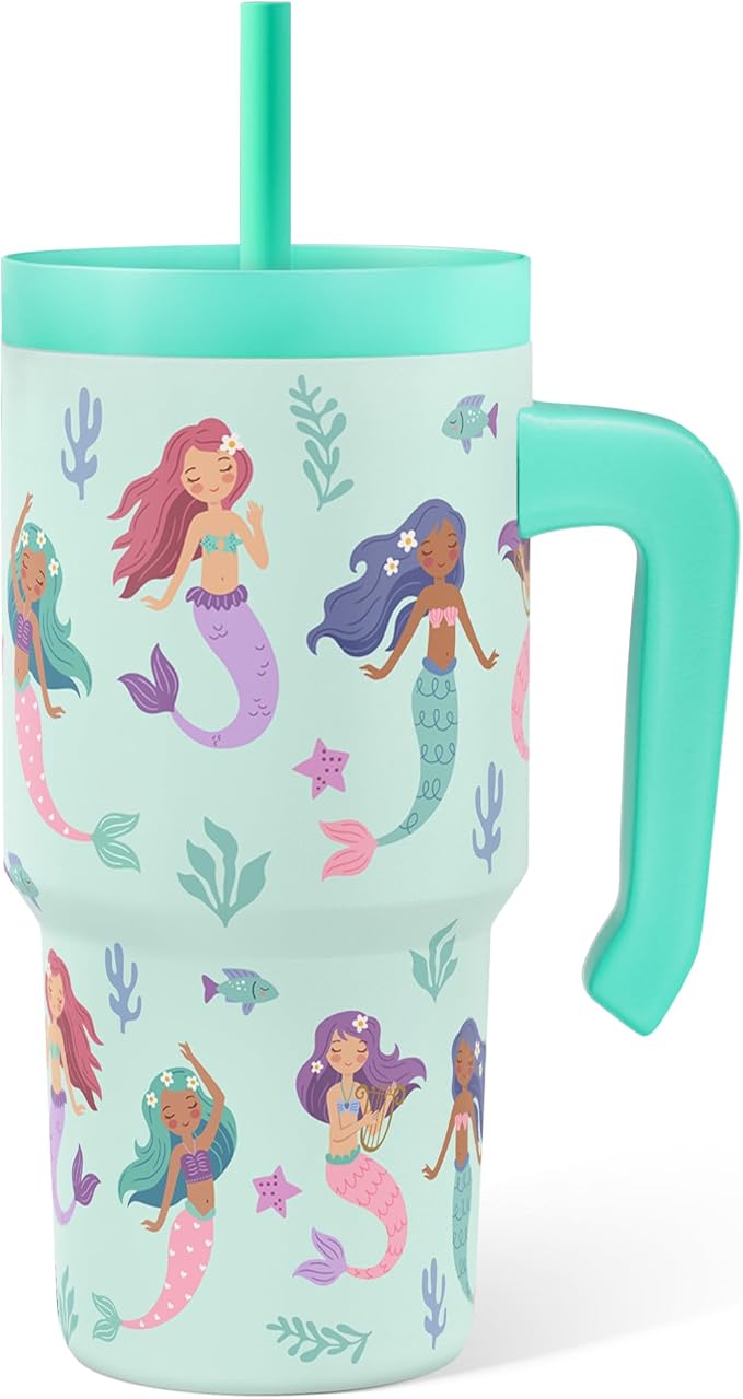Mermaid Tumbler 20oz with Handle and Silicone Straw Lid for Kid, Insulated Stainless Steel Cup, Gift for Kids Girls, Gifts Idea for Birthday Christmas Back to School - Bloomnest