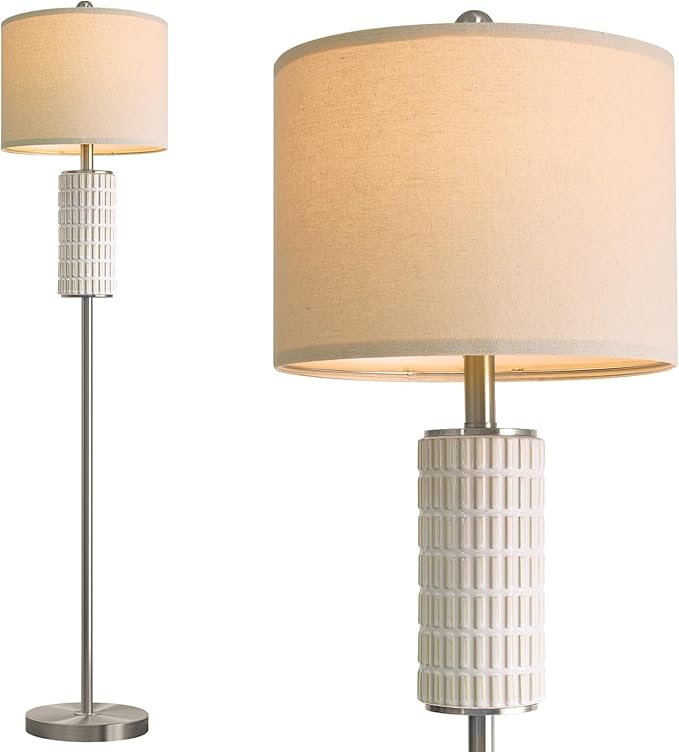PoKat Silver Ceramic Floor Lamp for Living Room Bedroom, 64" Modern Tall Standing Lamp with Rotary Switch, Traditional Living Room Lamp for Corner, Home Office, Nursery - Bloomnest