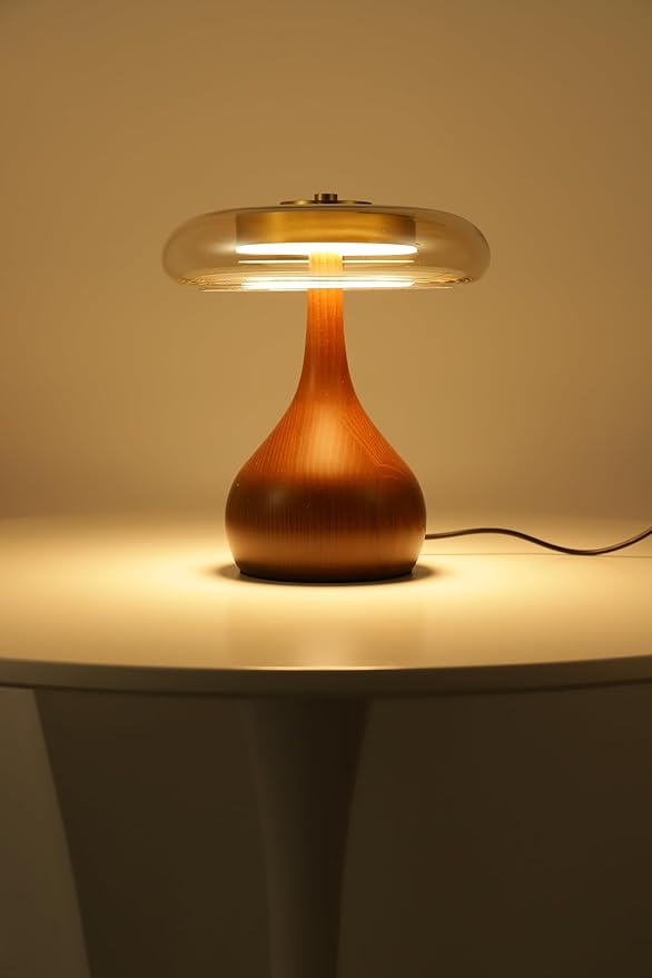 Small Table Lamp for Bedroom-Wooden Base Teardrop Mushroom Table Lamps,Amber Glass Shade,LED Three Color Temperature Adjustable Brightness Modern LED Side Table and Desk Lighting(H 9.7 in) - Bloomnest