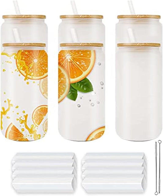 6pack Sublimation Glass Cups with Bamboo Lids and Straws, Frosted 16oz Blanks Sublimation Beer Cans, Borosilicate Glasses, sublimation Tumblers for Beer, Juice, Soda, Iced Coffee - Bloomnest