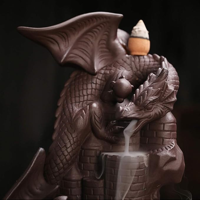 Ceramic Dragon Backflow Incense Holder Waterfall Incense Burner, Smoke Incense Holder, with 70 Backflow Incense Cones + 50 Incense Stick, 1 Mat, 1 Tweezers Home Decor (Brown-Light Dragon) - Bloomnest