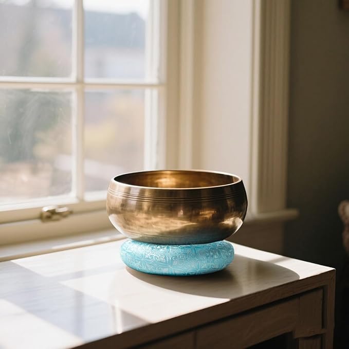 Singing Bowl Cushion for Tibetan Singing Bowls, Handmade Silk Brocade Round Cushion Pillow for Sound Healing and Crystal Sound Bowls Accessories(6.7 Inch,CyanBlue) - Bloomnest