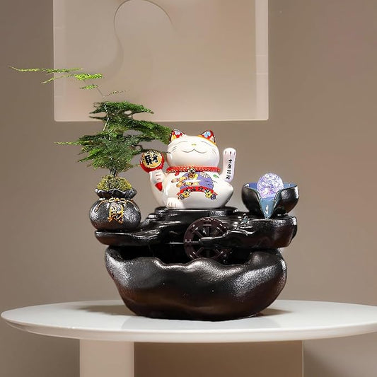 Desk Waterfall Fountain Indoor with Chinese Ceramic Lucky Cat Waving Arm Figurine，Tabletop Mini Water Fountains Decoration and Small Waterfalls - Bloomnest