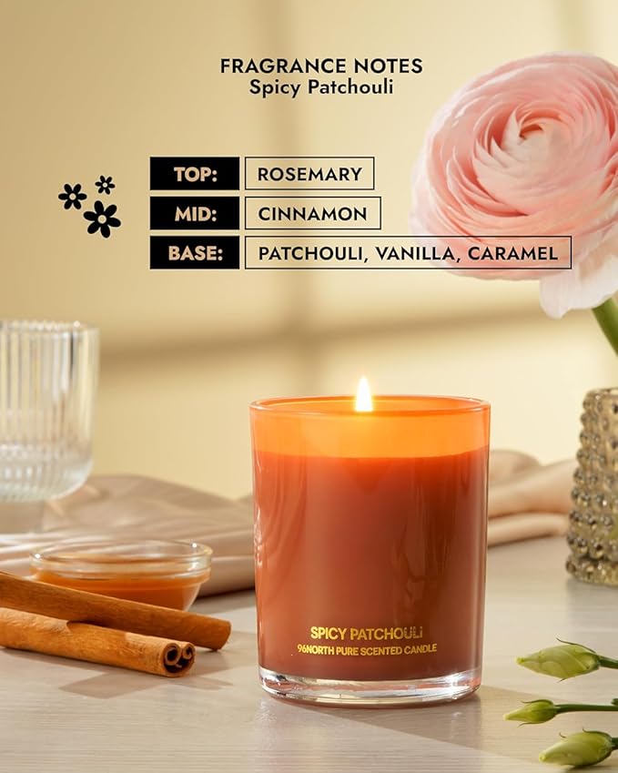 96NORTH | Spicy Patchouli Candle | 100% Soy Wax | One Wick Candle Jar | Non Toxic | Up to 35 Hours Burning Time | Aromatherapy Gift for Men and Women - Bloomnest