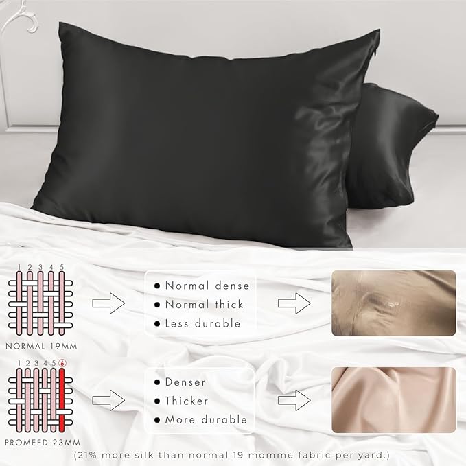 PROMEED Upgraded Grade 6A+ Black Silk Pillowcase with Zipper, 23 Momme Natural Mulberry Silk Pillow Cases for Hair and Skin - Easy Care with Free Laundry Bag (Standard 20"x26", Black) - Bloomnest