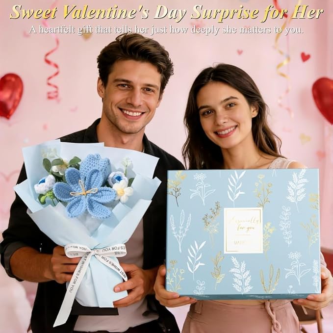Valentine's Day Birthday Gifts for Women Self Care Package Get Well Soon Gift Baskets, Thinking of You Sympathy Spa Gift Set w/ Crochet Flower Bouquet, Unique Gifts for Women Her Wife Girlfriend Mom