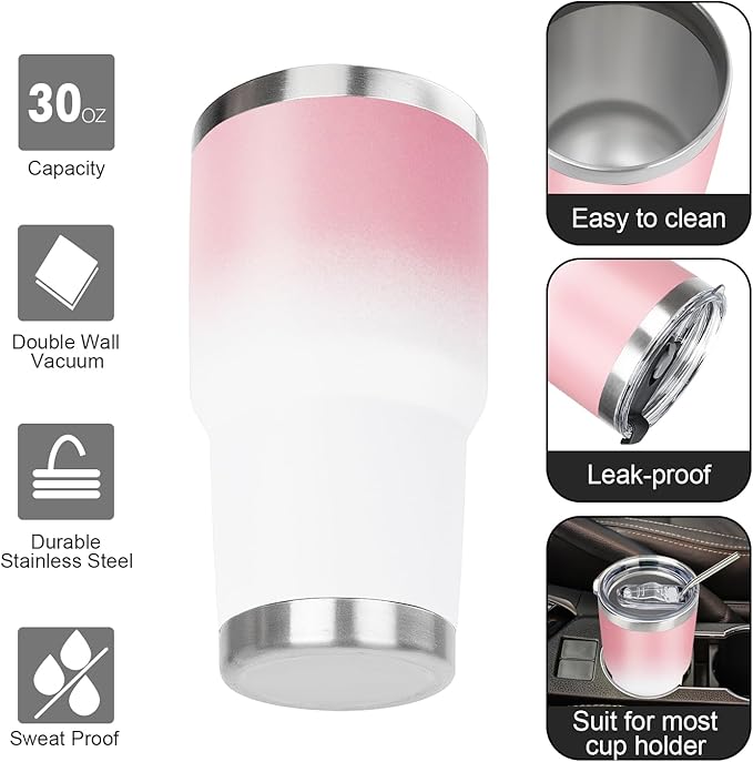 30 oz Tumbler with Lids and Straws Double Wall Vacuum Insulated Tumbler Cup,Stainless Steel Leak-proof Thermal Tumbler Powder Coated Travel Coffee Mug for Cold and Hot Drinks,Pink White - Bloomnest