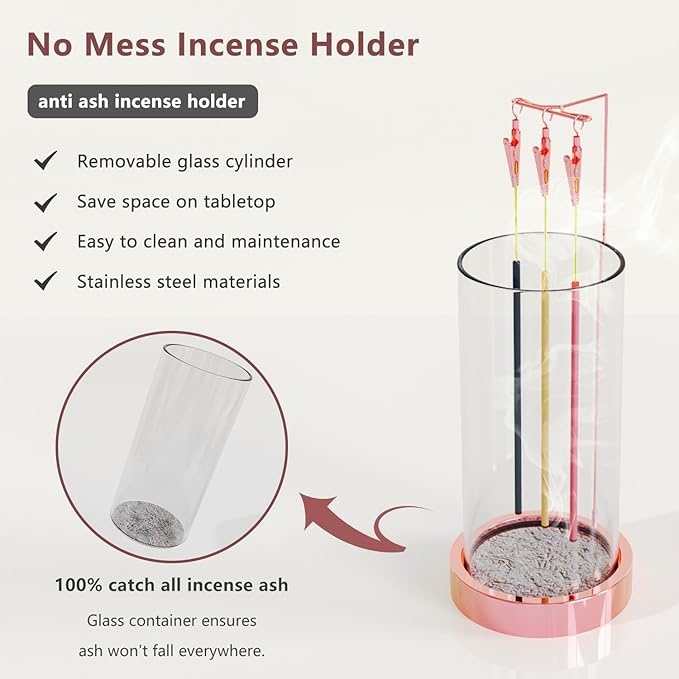 Incense Holder Ash Catcher - Upside Down Glass Incense Holder for Sticks, Reverse Inverted Anti Ash No Mess Insence-Stick Holder, Modern Metal Decorative Vertical Incense Burner, Rose Gold - Bloomnest