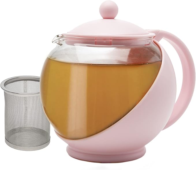 Primula Half Moon Teapot with Removable Infuser, Glass Tea Maker with Reusable Fine Mesh Stainless Steel Filter, Dishwasher Safe, 40-Ounce, Pink