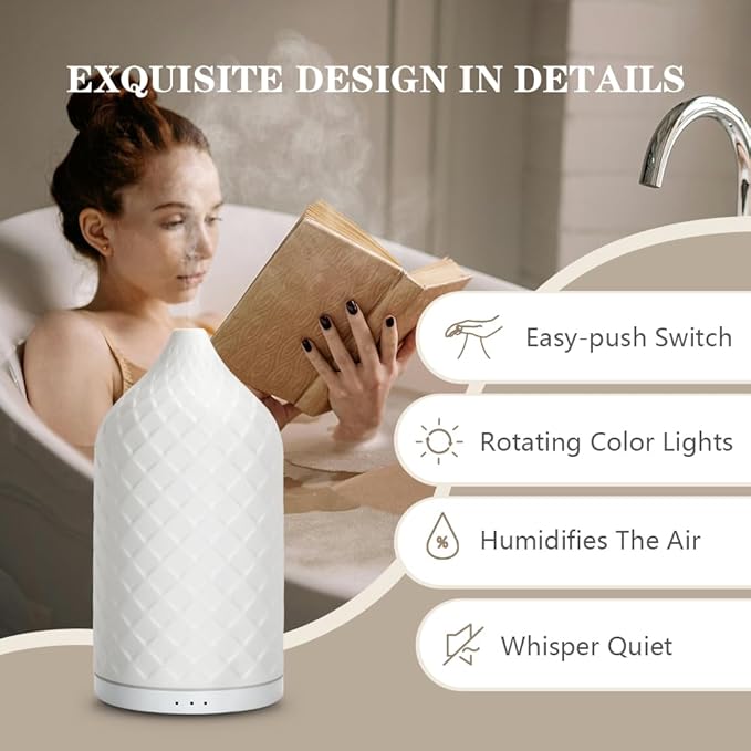 Essential Oil Diffuser for Home, Ceramic Aromatherapy Diffuser for Essential Oils, 120ml Oil Diffuser with Waterless Auto-Off and 7 LED Lights for Large Room Yoga Spa (White) - Bloomnest